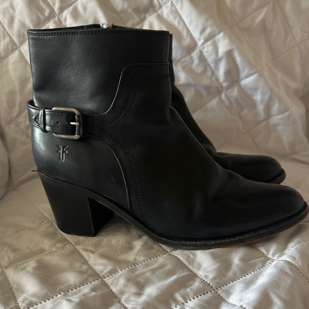 Frye Black Leather Ankle Booties with Buckle